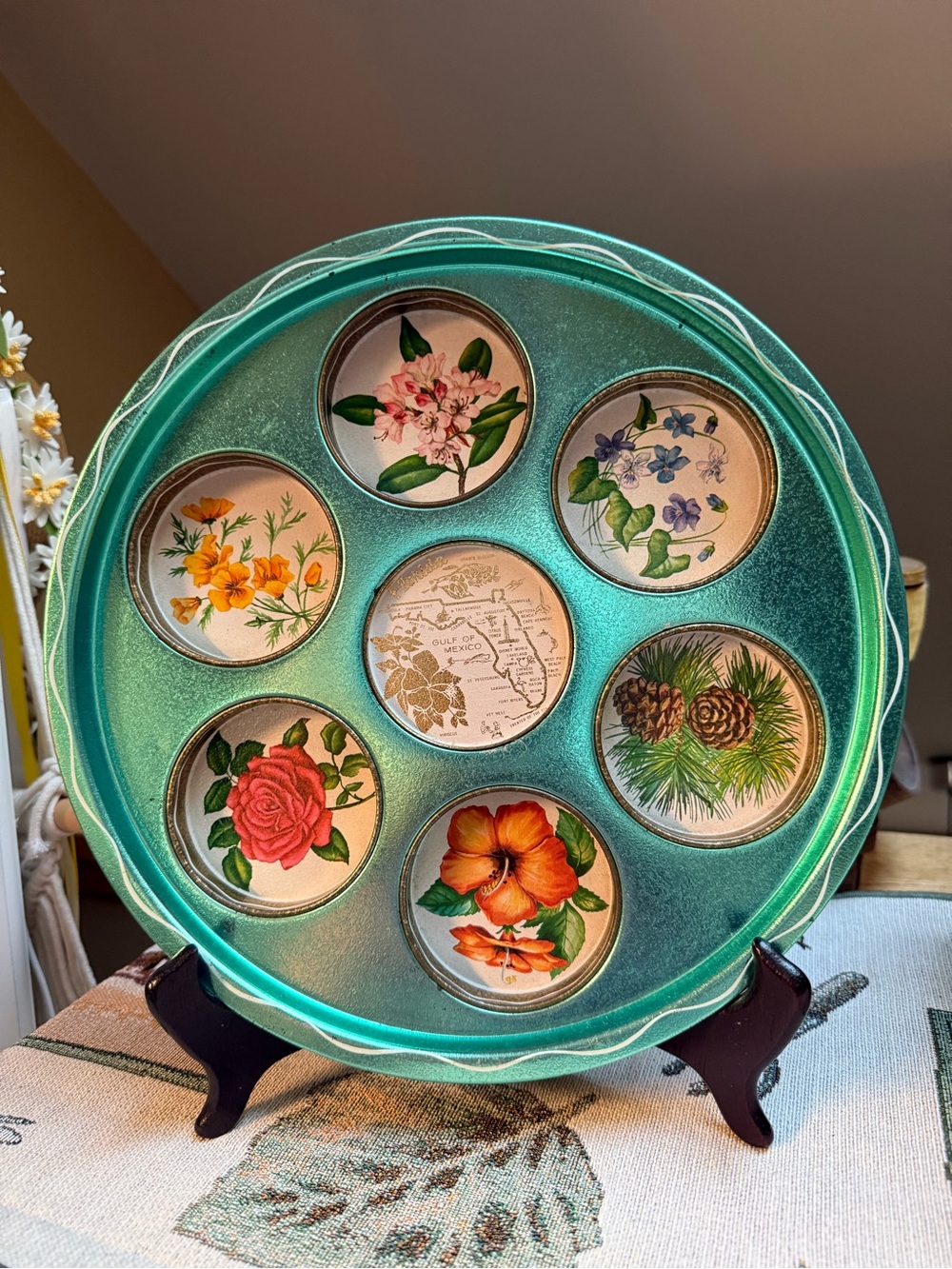 Vintage Florida Souvenir Metal Drink Tray Mid Century Teal Flowers Map 11”